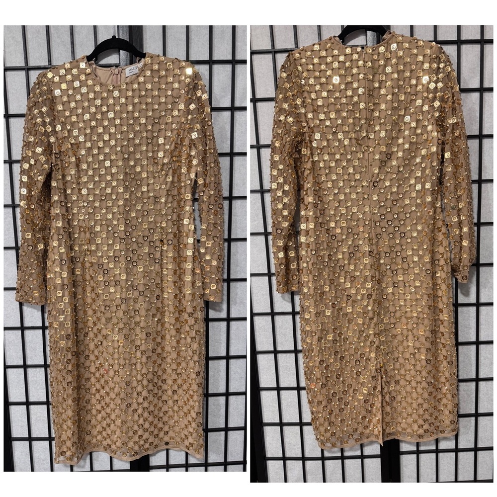 ✨ Mac Duggal Gold Beaded Georgette Long Sleeve Fitted Midi Dress ✨ size 14 - Picture 4 of 10